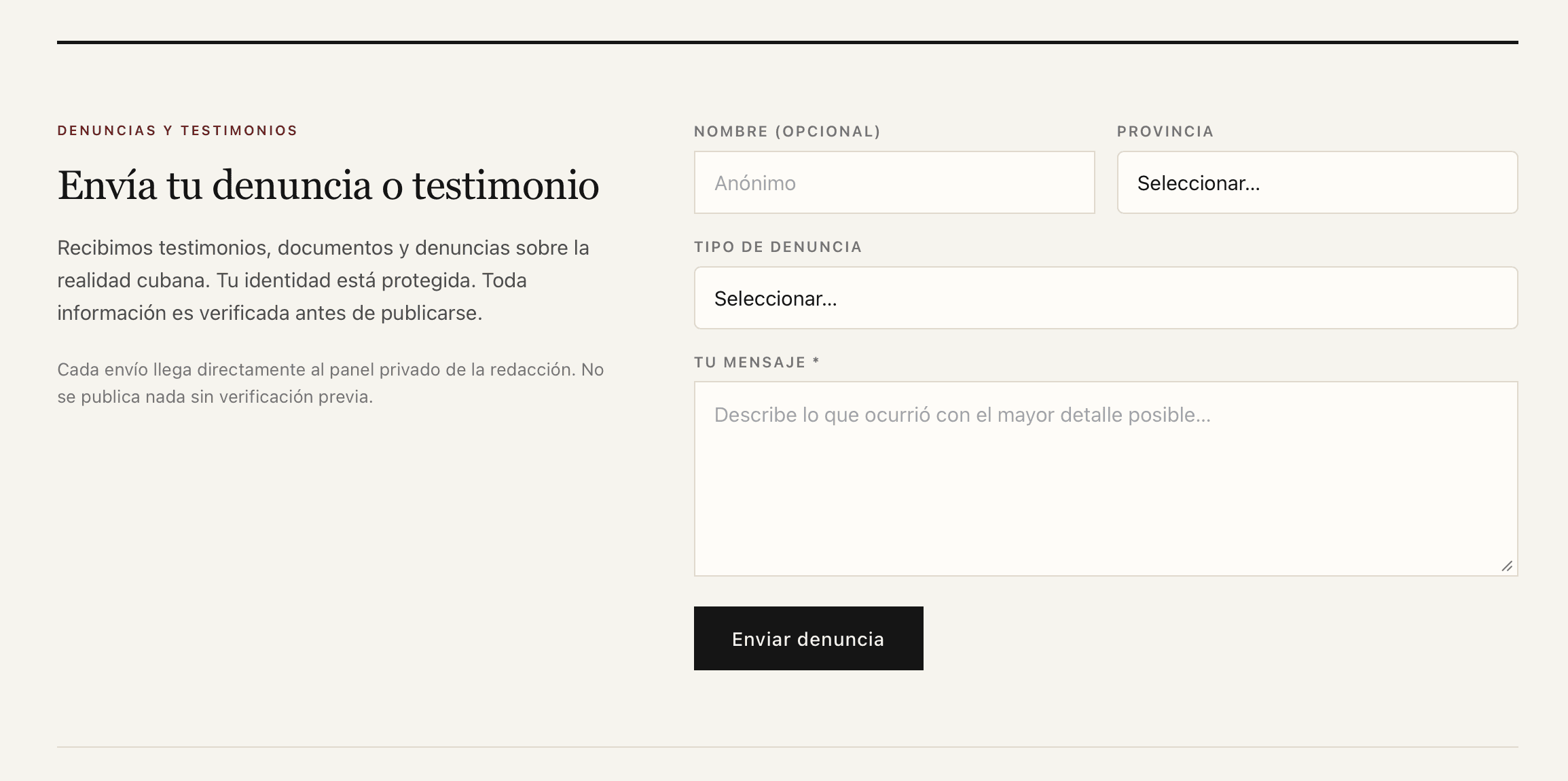 Sistema de denuncias de Guajiro Digital para el envío de testimonios